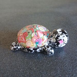 Cute turtle figurine with clay fruit shell and black white glitter new handmade